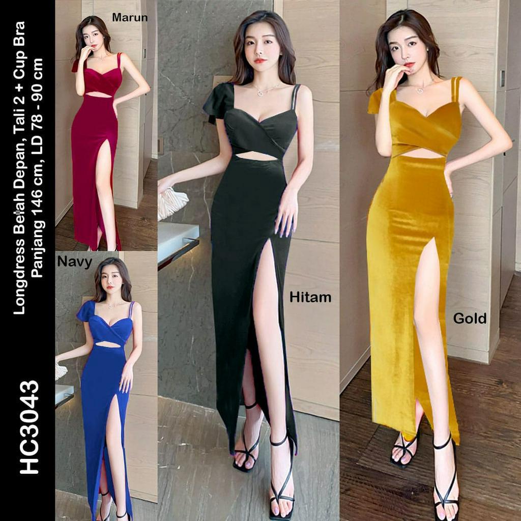 HC3043 Longdress Belah Depan Tali 2 + Cup Bra Stretch / Gaun Panjang Seksi / Longdress Sexy / Long Dress Polos / Longdress One Shoulder / Dress Panjang / Long Dress Beludru / Longdress Bludru / Longdres Velvet / Longdress Bludru