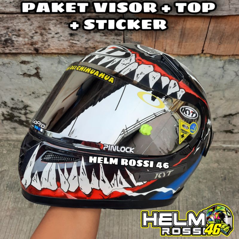 Visor KYT RC7 R10 K2R Paket Ganteng Kaca Flat + TOP + Sticker Kaca + Tear Off Post Iridium Silver