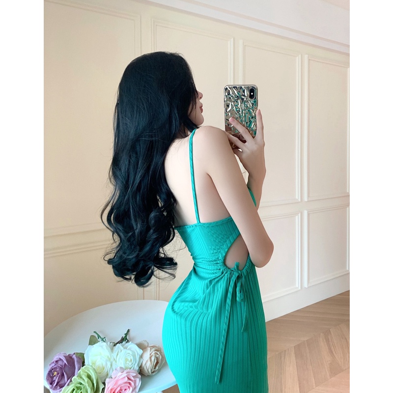 Suhao Sling Dress Rok Cutout Feminin Paket Skinny Hijau Hip Midi Rok