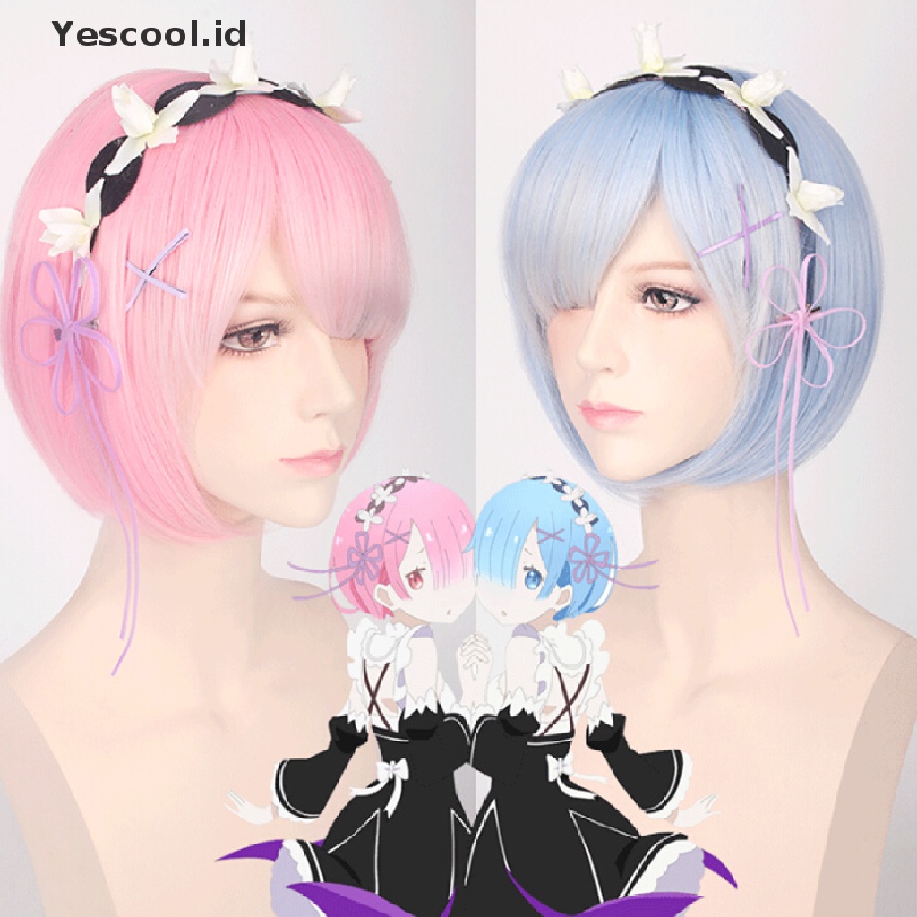 【Yescool】 Hajimeru Isekai Seikatsu Rem Ram Twins Blue Pink Cosplay Wig +Pins Party New .