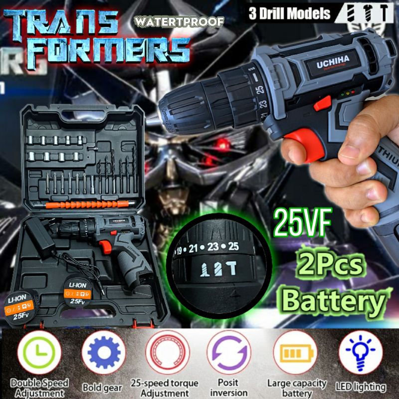 Mesin bor baterai cordless impact drill uchiha 25vf besi kayu tembok beton