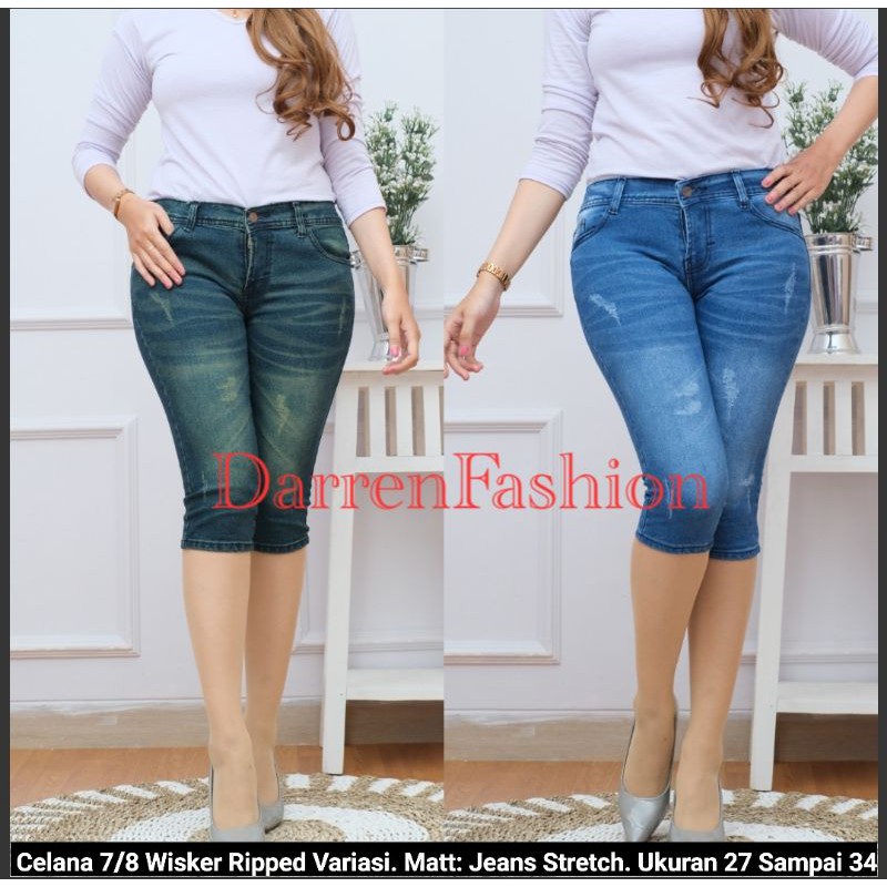 Celana 7/8 Jeans Wanita Ripped Wisker . Celana 7/8 Jeans Wanita . Celana 7 8 Cewek Ripped