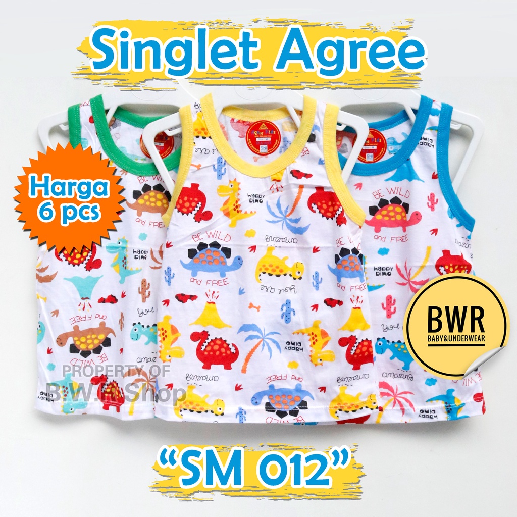 [ 6pc ] Singlet Anak AGREE Kids SM 012 / Kaos Dalam Anak Singlet PUTIH Motif Dino Kutung | Bwr