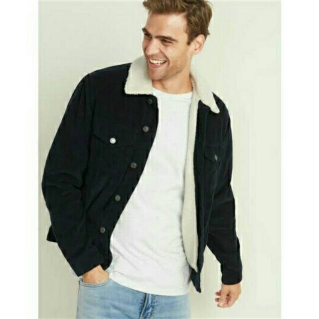 JAKET PRIA ODN SHERPA LINED CORDUROY TRUCKER JACKET NAVY ORIGINAL