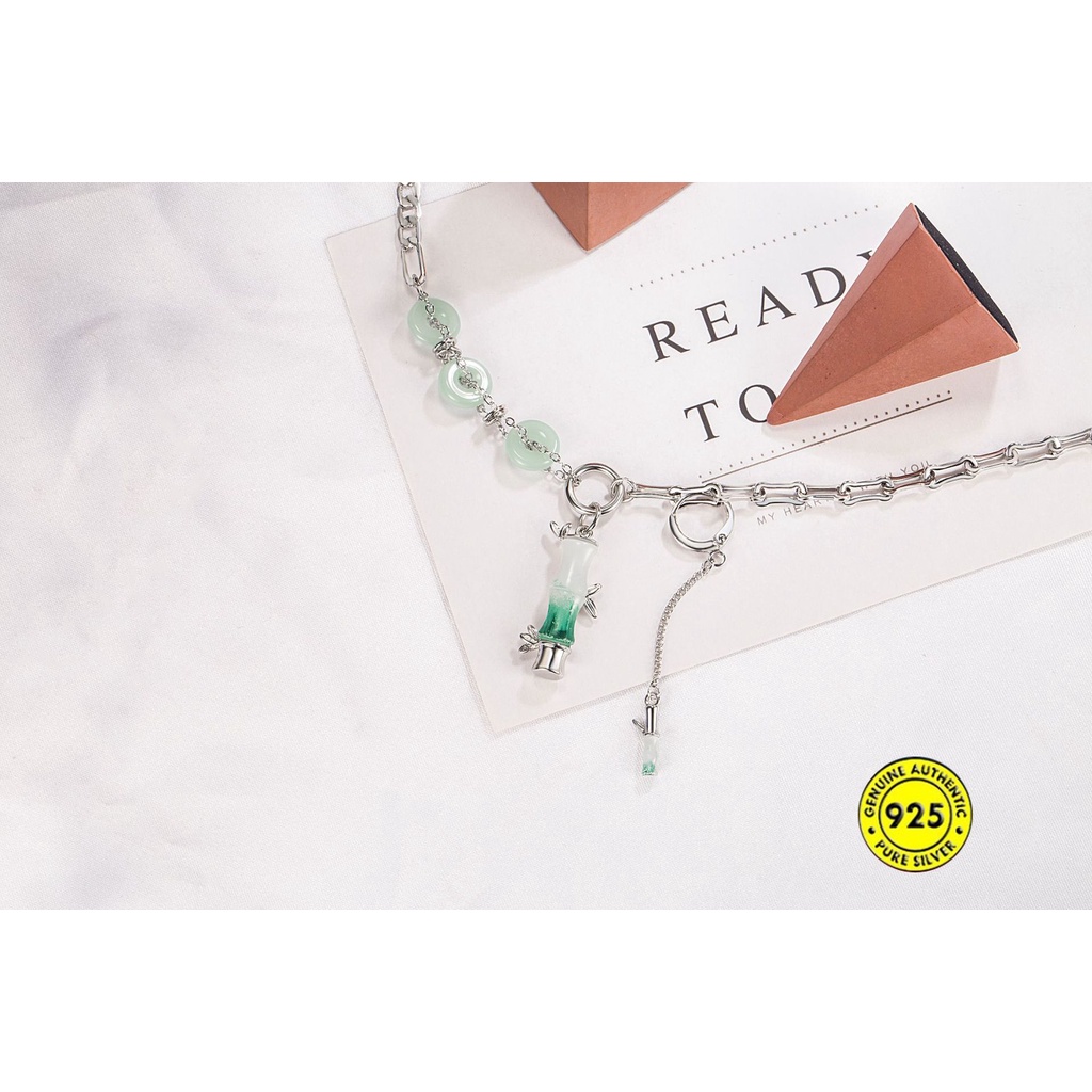 Kalung Rantai Sterling Silver 925 Dengan Liontin Batu Giok Bambu Untuk Wanita