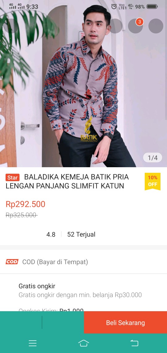 Baladika Kemeja Batik Pria Lengan Panjang Slimfit Katun Printing Hem Baju Seragam Kantor Modern