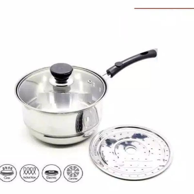 Milk pot with steamer 20cm / panci susu steamer 20cm / panci kukus tutup kaca 20cm / panci mie 20cm