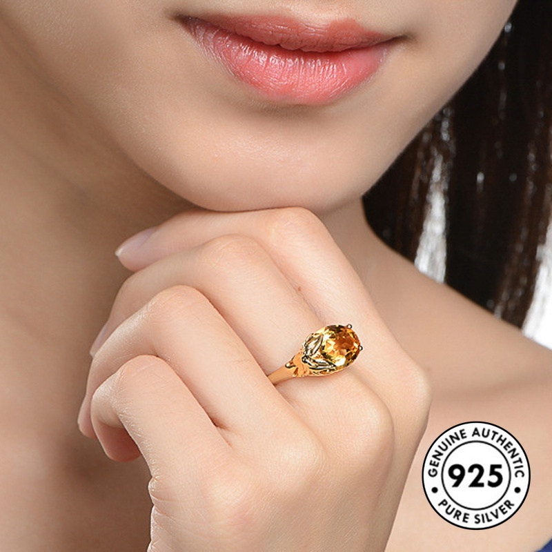 Cincin Sterling Silver 925 Dengan Batu Citrine Mewah Elegan Untuk Wanita