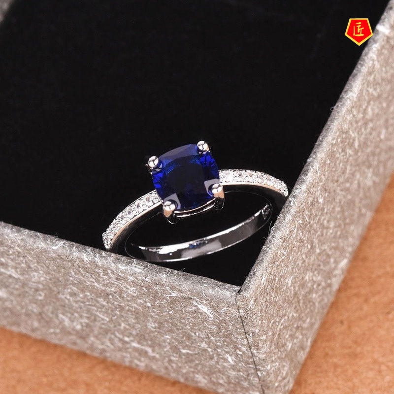 [Ready Stock]Inlaid Blue Topaz Square Diamond Ring Classic Simple