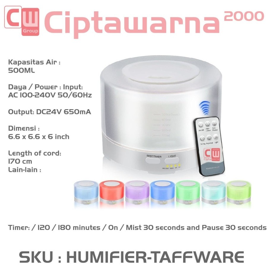 Air Humidifier Taffware 500ml + Remote Control Pelembab Aroma Terapi