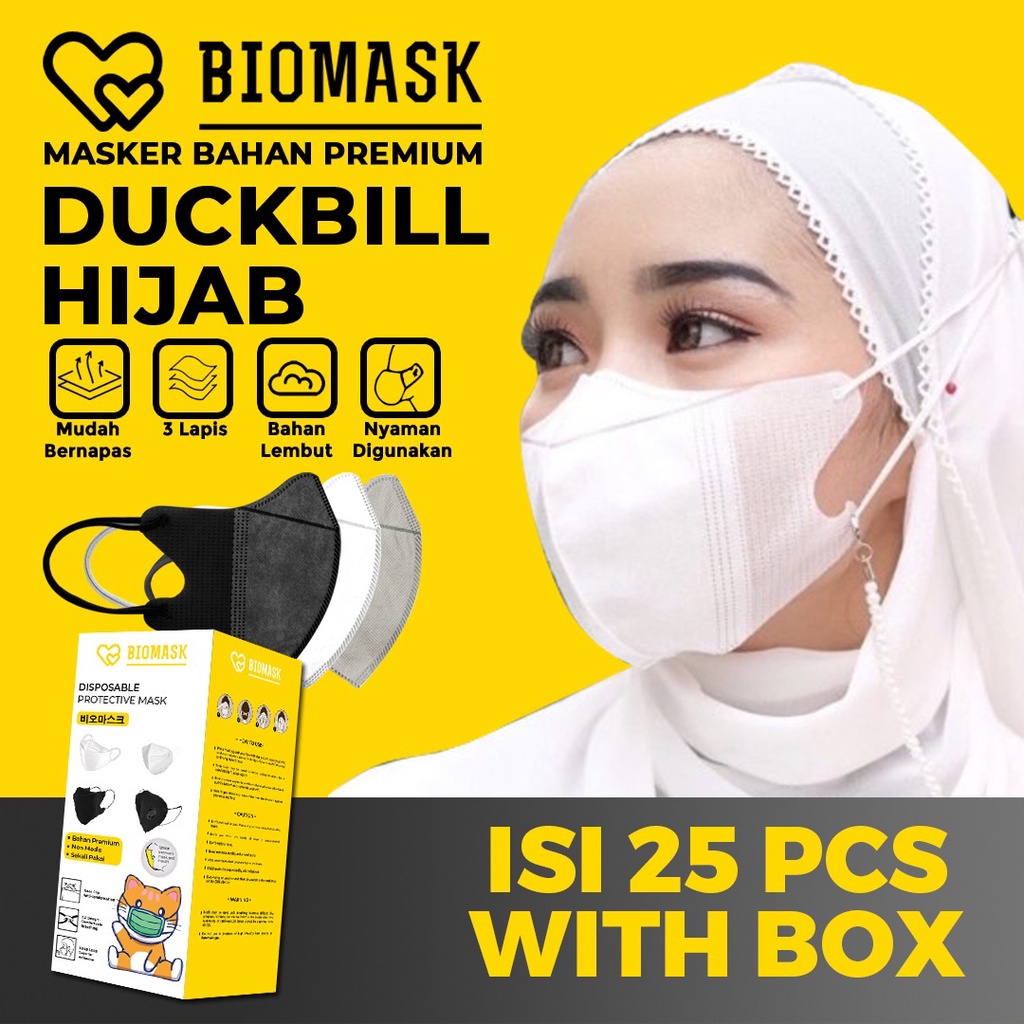 BIOMASK - Masker Duckbill Hijab HEADLOOP - 1 Box isi 25Pcs IMPORT BISA PILIH WARNA Pink / Orange / H