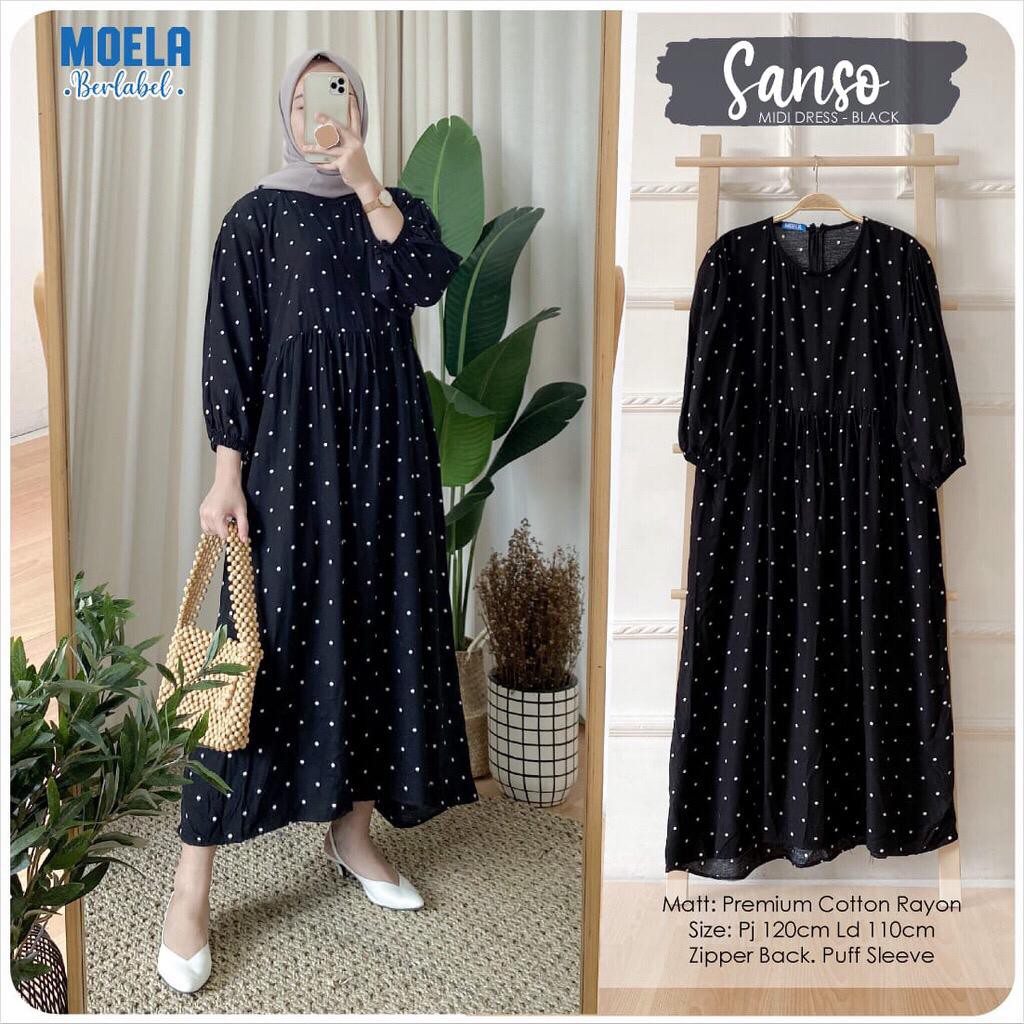 SANSO MIDI DRESS WANITA POLKA PREMIUM KATUN RAYON BY MOELA [TER-BEST SELLER]
