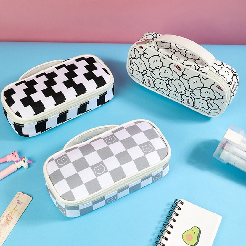 

Pencil Case Black And White Grid Cases Bags Pouch Trousse Scolaire Cute Milk Pattern Estuche Korean
