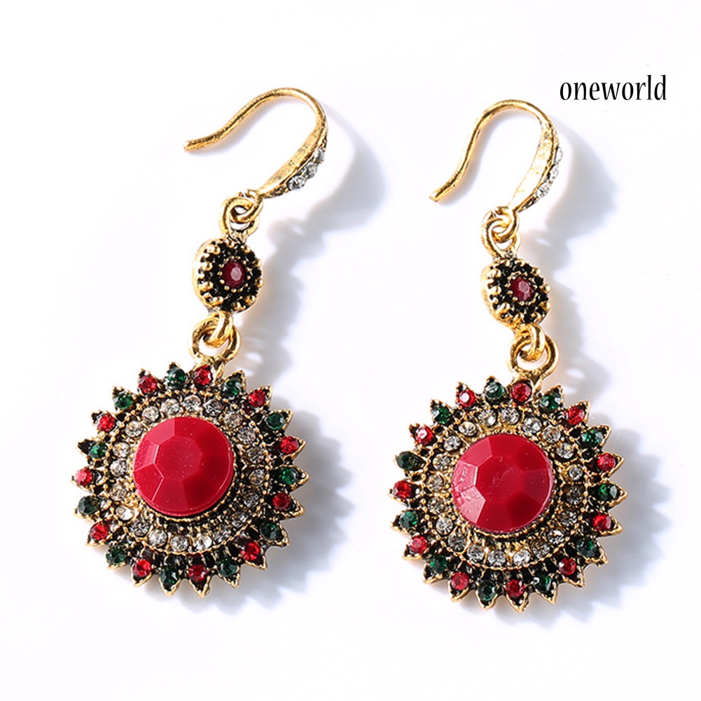 OW# Fashion Wild Personality Exaggerated Round Shape Sun Flower Faux Ruby Earrings