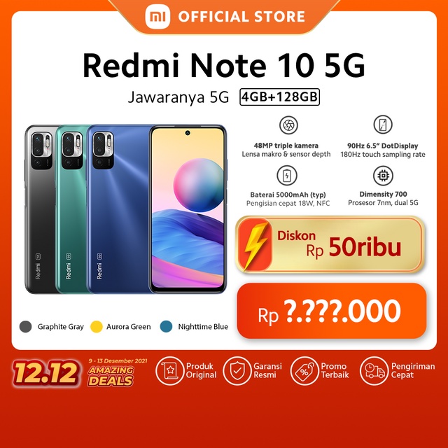 Xiaomi Redmi Note 10 5G (4G/128GB) Dimensity 700, 48MP Triple Kamera, Layar 6.5” 90Hz Chrome Silver
