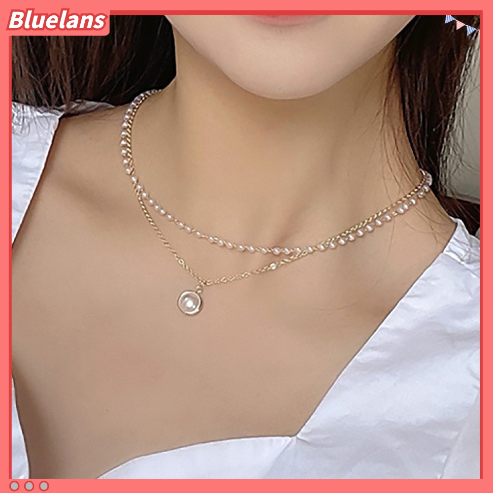 Kalung Rantai Klavikula Liontin Mutiara Tiruan Lapisan Ganda Gaya Simple Untuk Perhiasan