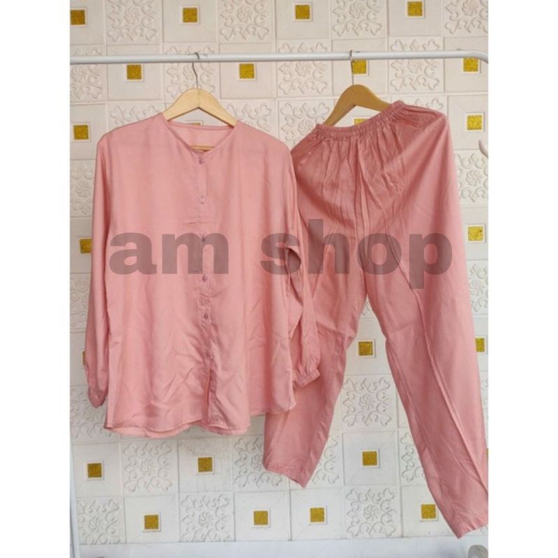 Pajamas Tangan Panjang / ONE SET PIYAMA OBLONG / SLEEPWEAR DAILY SET BEST SELLER RAYON POLOS PREMIUM-TPO PEACH