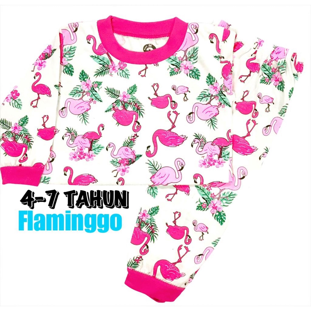 (1 KG MUAT 6 STEL) BAJU TIDUR ANAK KIDS PEREMPUAN/CEWEK SETELAN BAHAN KAOS KATUN 4-7 TAHUN FLAMINGO