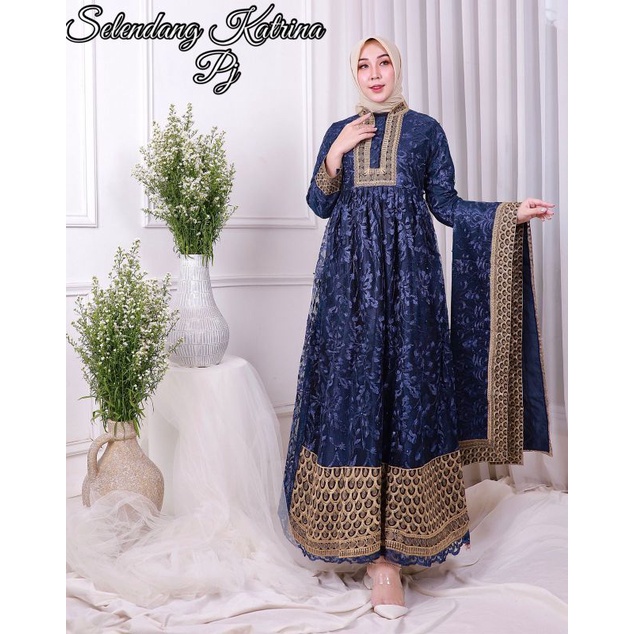 Gamis Selendang Katrina Ekslusif Original Pelangi Jaya Butik-Navy