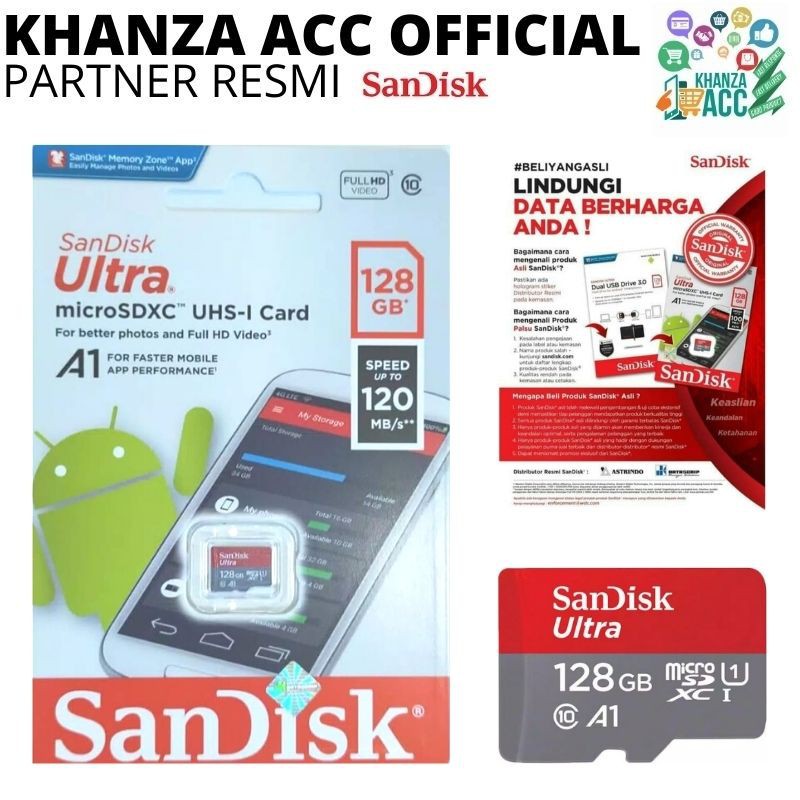 KHANZAACC Memory Card SanDisk Ultra Micro SD Card 128GB UHS-I A1 up to 120Mbps Memori Hp