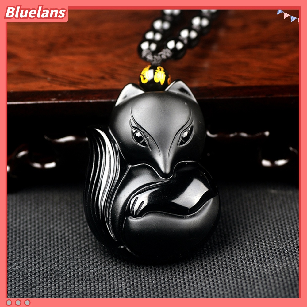 Kalung Rantai Liontin Manik-Manik Ukiran Rubah Obsidian Untuk Unisex