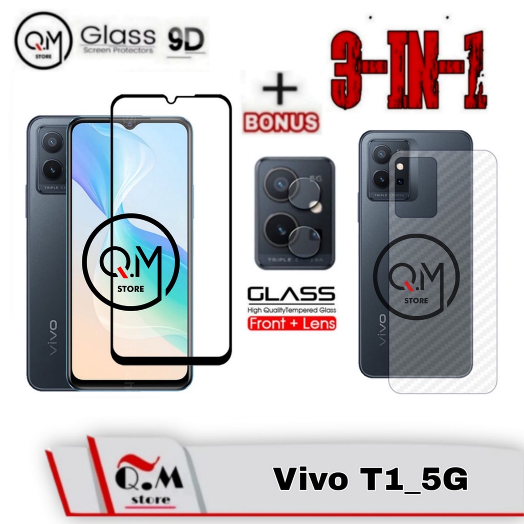 Paket 3 In1 Tempered Glass Layar Vivo T1 5G 2022 Screen Guard Anti Gores Kaca Pelindung Layar Full 9D