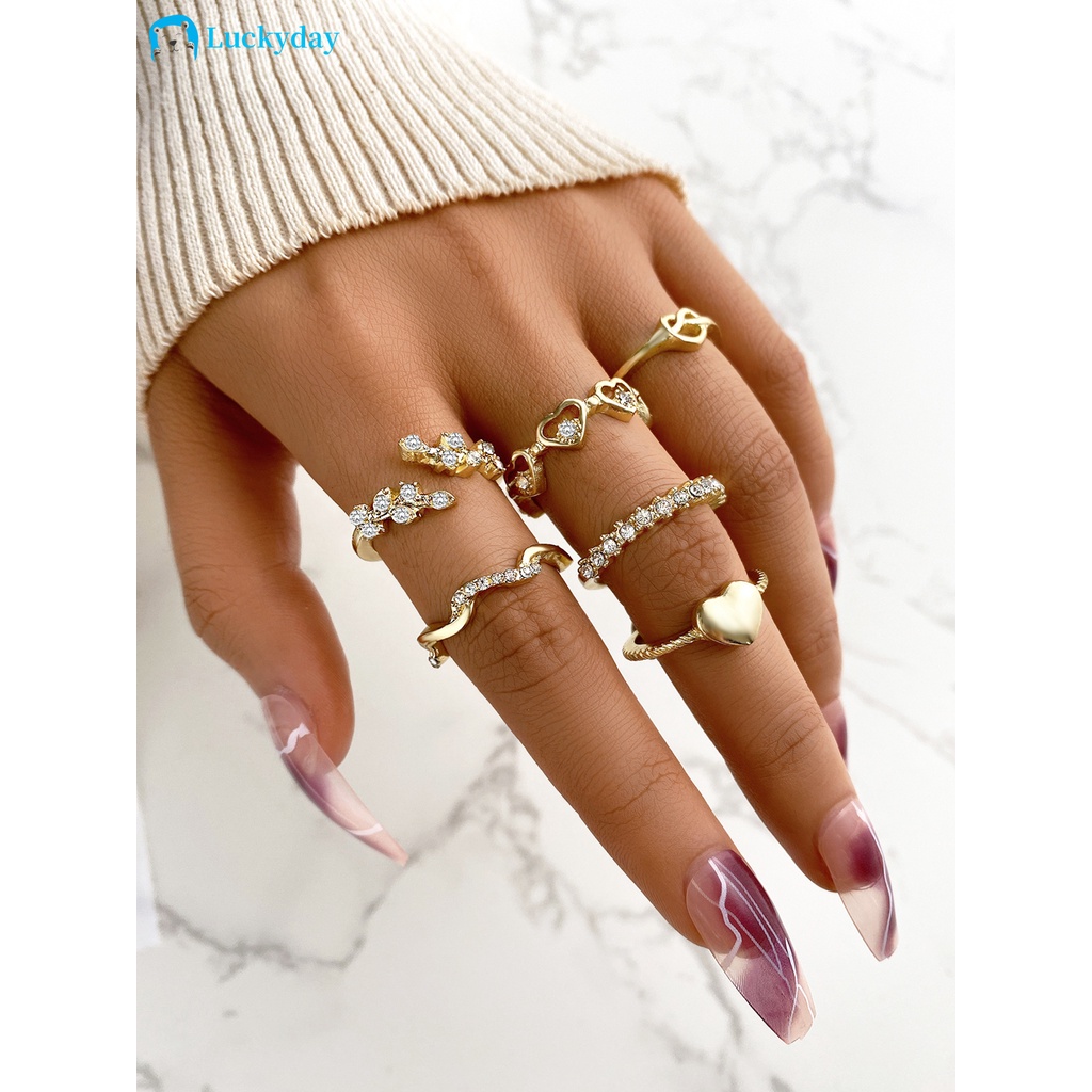 YEEZII 6pcs / Set Cincin Model Terbuka Adjustable Desain Hati Asimetris Hias Kristal Gaya Retro Untuk Wanita