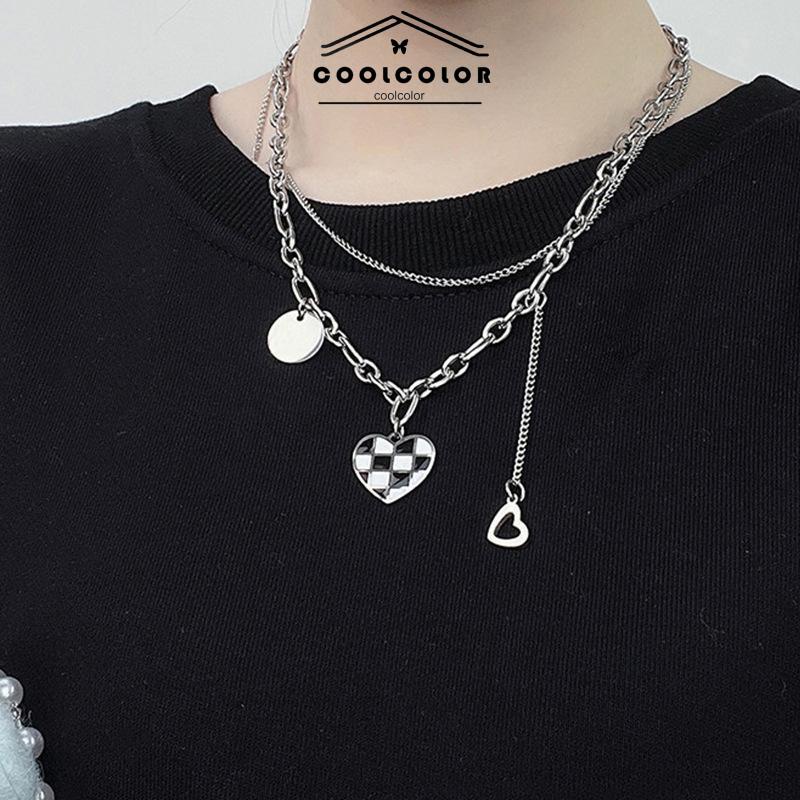 COD❤️Kalung Liontin  Korea Kotak-kotak Manis Keren Double Layer Rantai Sweater Panjang Klavikula Anti Karat Dan Anti Luntur Kalung Hadiah Ulang Tahun Kado Wanita Pria 2023 Terbaru