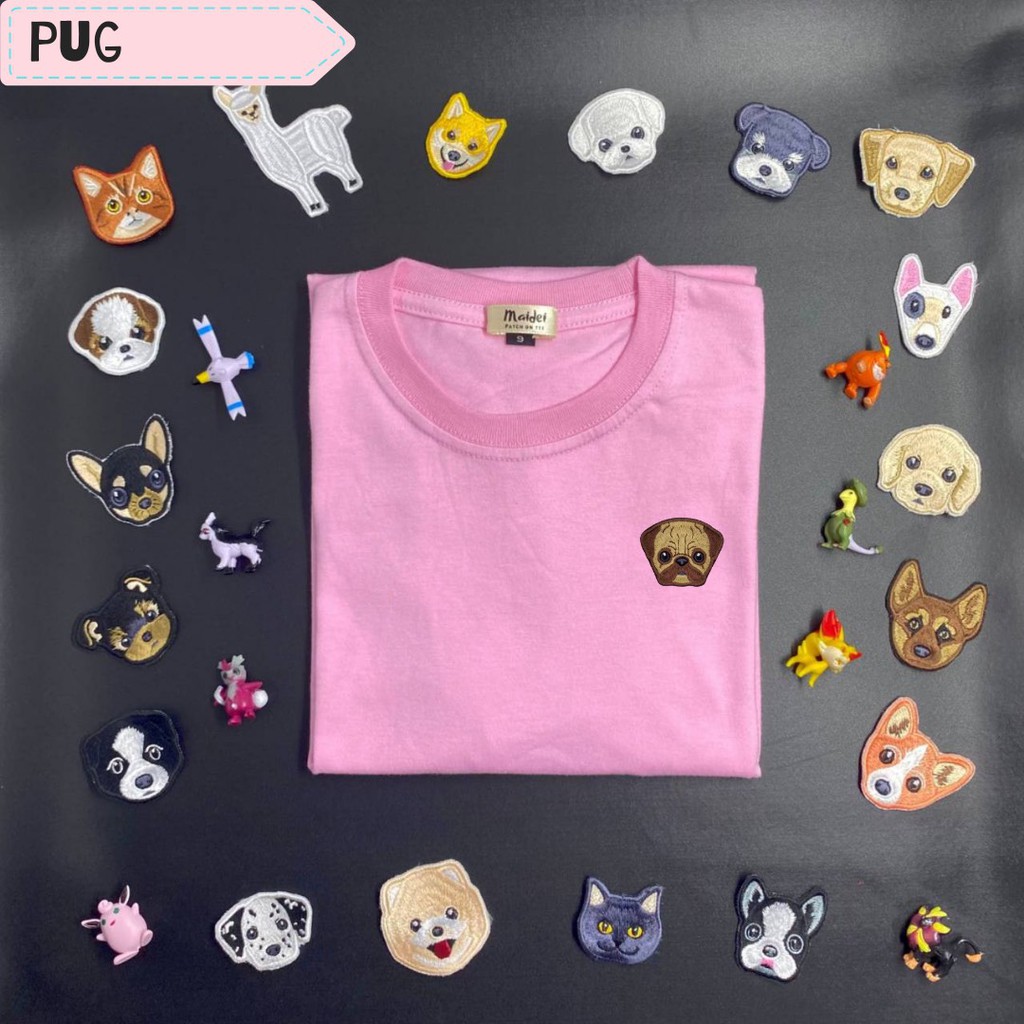 kaos anak lucu bordir anjing Pug by Maidei (Patch dijahit)