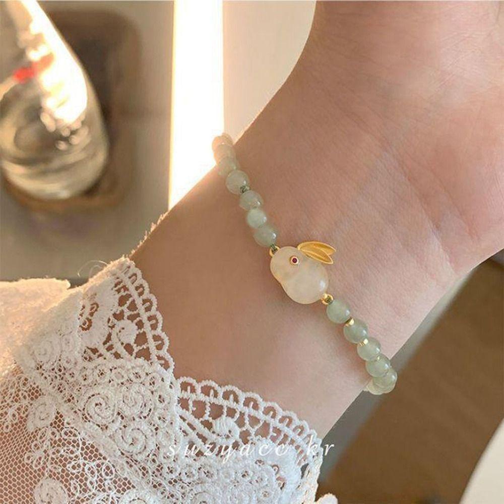 NEEDWAY Giok Kelinci Gelang Lucu Adjustable Zamrud Gelang Hadiah Perhiasan Gaya Cina Perhiasan Hijau Gaya Korea Bracelets