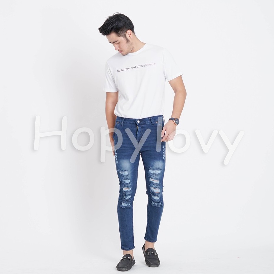 HOPYLOVY - Celana Jeans Panjang Pria Skinny Ripped Sobek Geijan