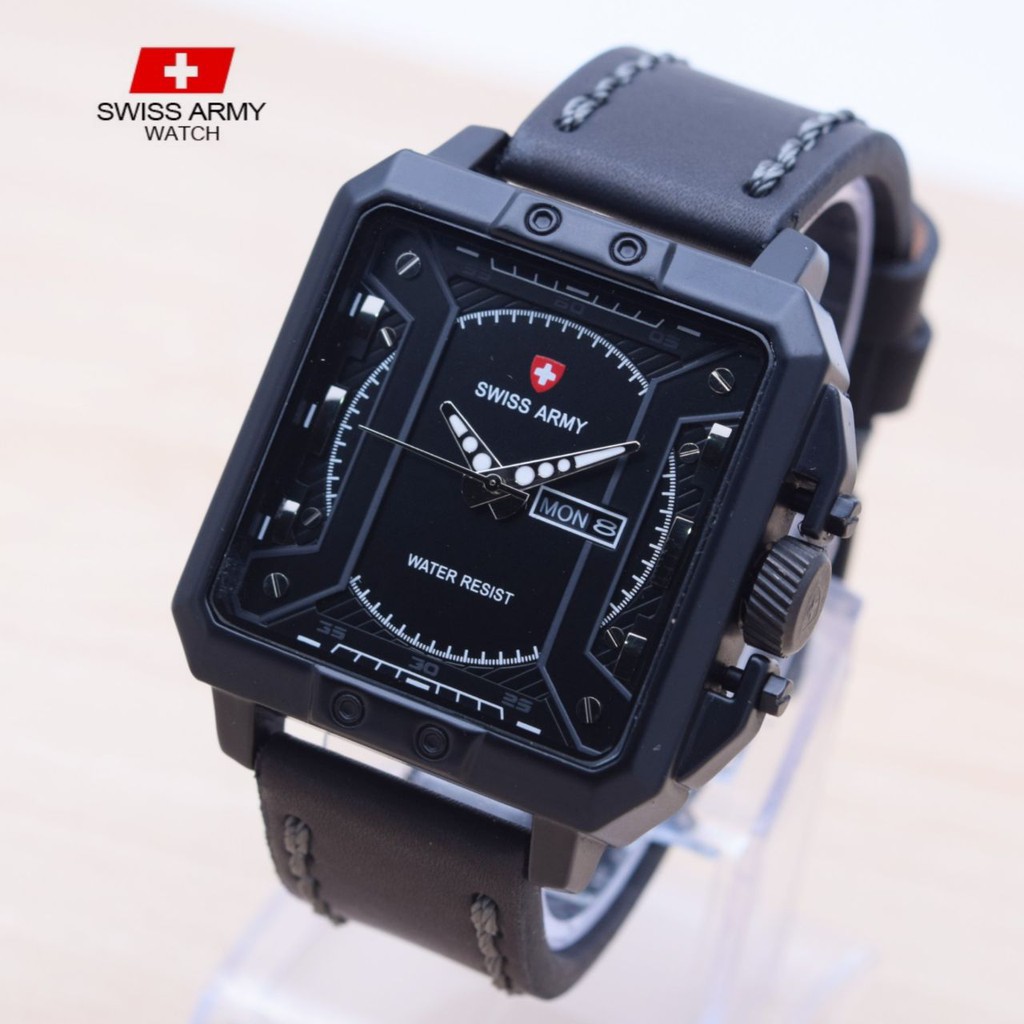 Hot jam tangan sport pria model expedition tali kulit model kotak tanggal hari Berkelas