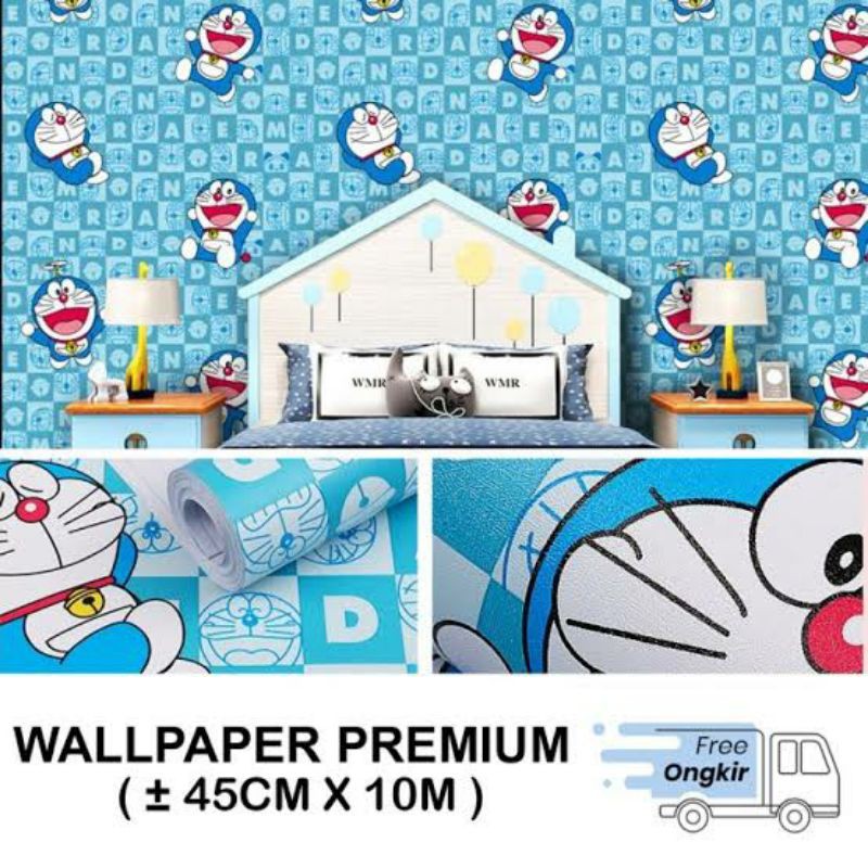 Wallpaper dinding doraemon kotak 3d ukuran 45cm×10m-Doraemon kotak