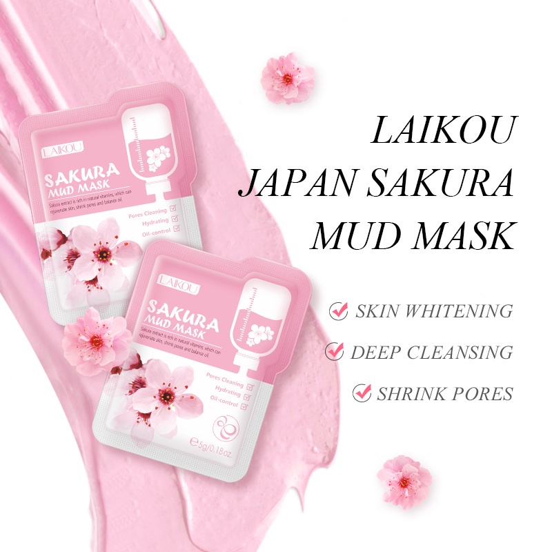 LAIKOU Sakura Mud Mask Mengecilkan Pori Serum Mencerahkan Krim Toner Pembersih Pori-pori Pembersih Wajah