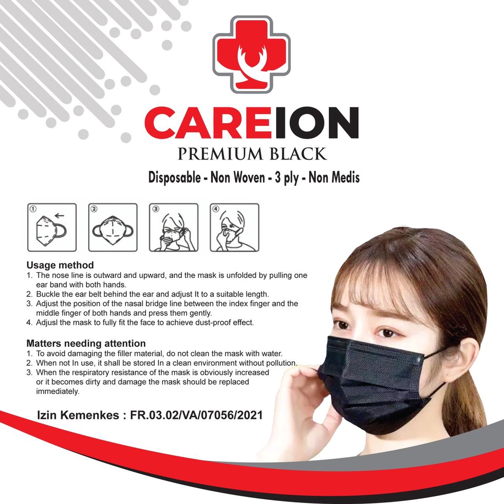 MASKER 3PLY HITAM CAREION ISI 50PC MASKER 3 PLY EARLOOP MASKER DISPOSABLE MASK