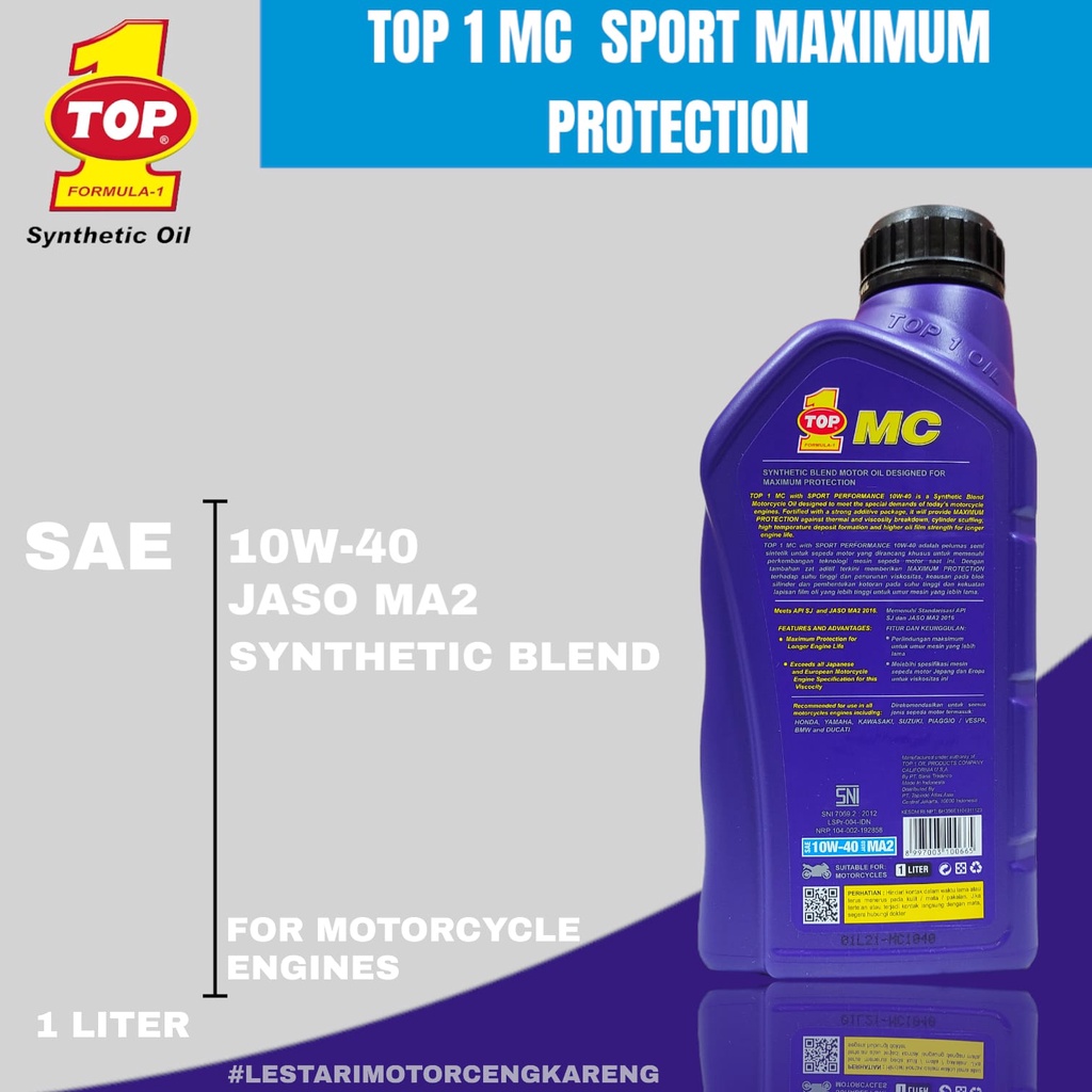 OLI TOP 1 TOP1 MC SPORT 100% SYNTHETIC BLEND 10W40 MA2 BEBEK RACING 1L