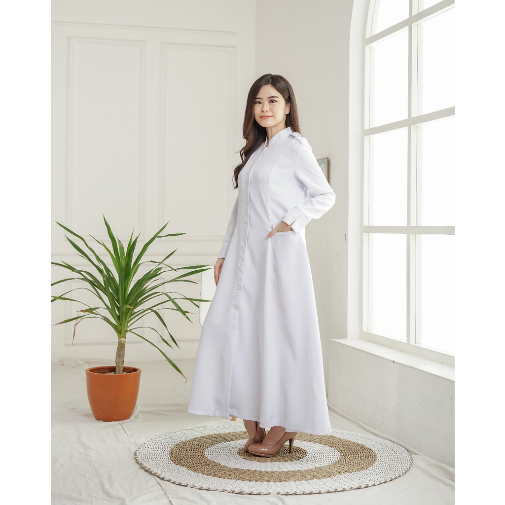 GAMIS B&amp;V! Gamis Dinas / Gamis PNS / Gamis PDH / Baju Guru Wanita / PDH Seragam Pemda Wanita / Gamis Pemda Wanita Muslim Variasi Full Kancing dan Pangkat - 8001 Pemda Aceh / Pemda Tua / Abu Tua / Putih