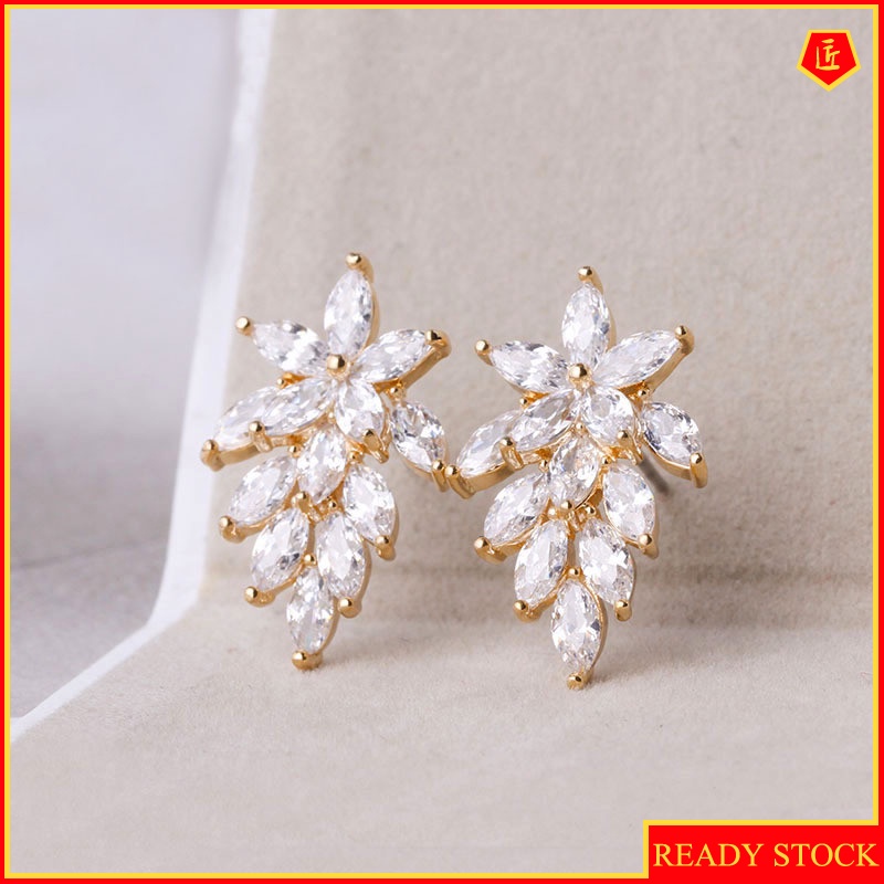 [Ready Stock]New Creative Leaves Bright Crystal Stud Earrings