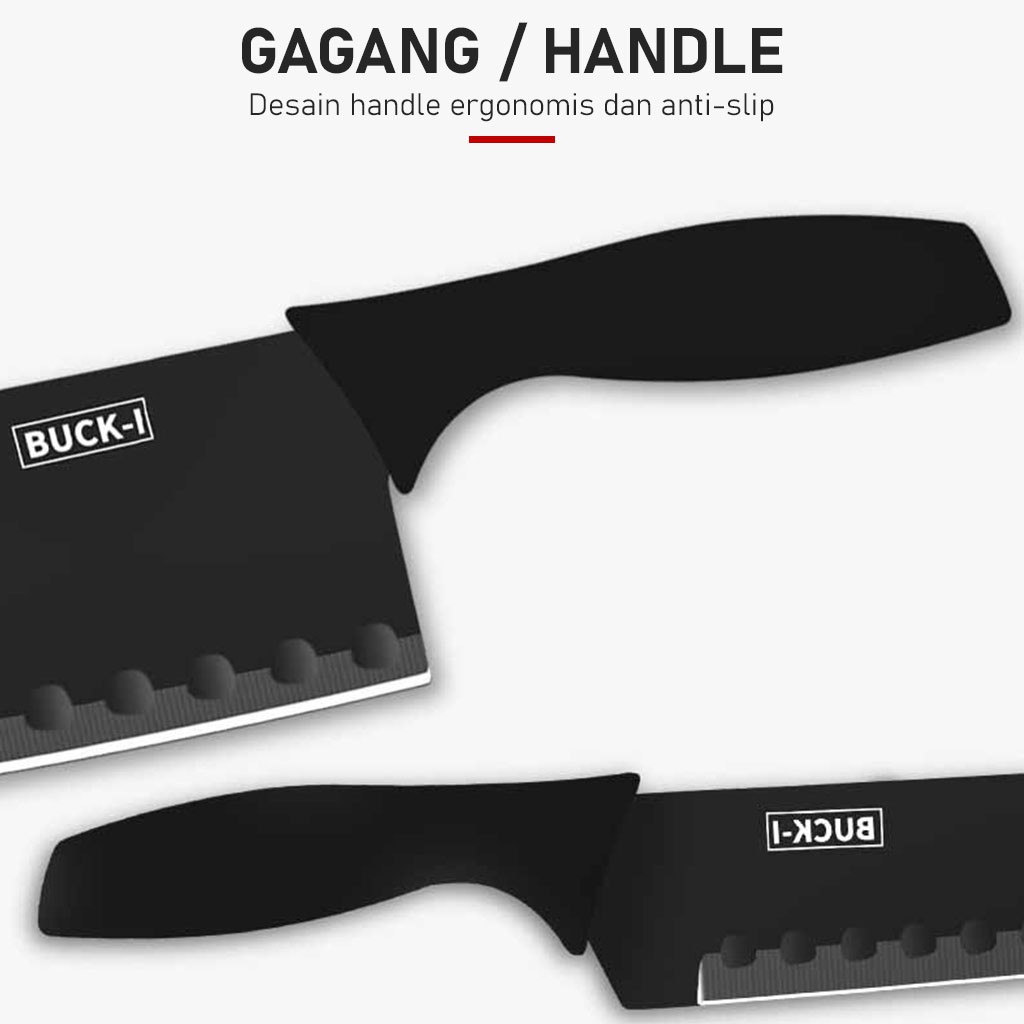 Set Pisau Dapur Premium 5 Pcs in 1 Warna Hitam Stainless Steel Cetakan Telur Perlengkapan Dapur Chef Knife Set Cleaver Import - J12 - LuckyStar