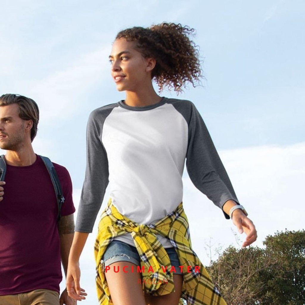 Kaos Raglan Polos Pucima Putih Charcoal / Premium Cotton Combed 24s