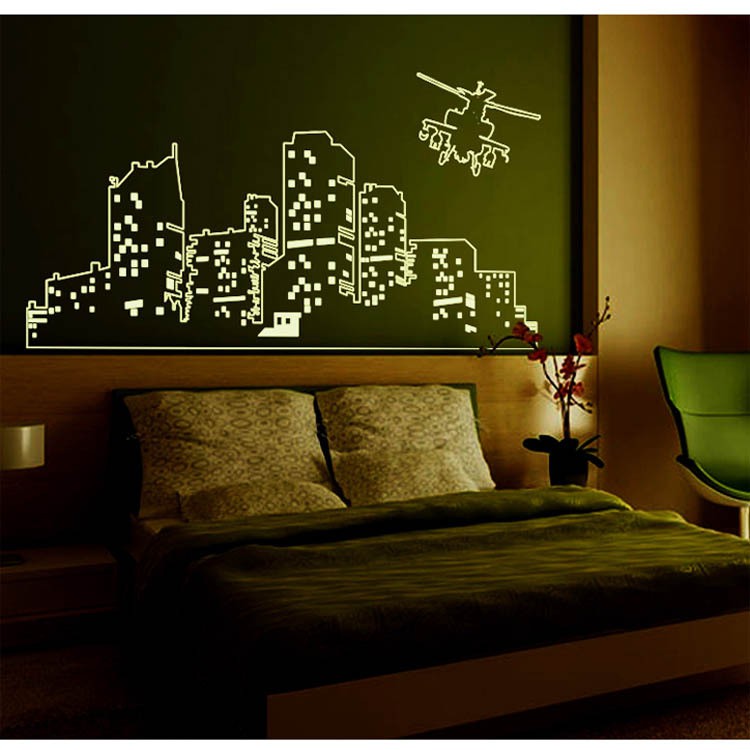 RELIZA Wall sticker glow in dark gedung city helikopter ABQ9607 STIKER DINDING