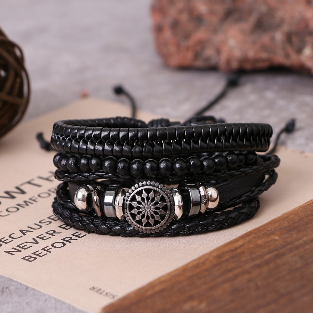 5pcs Set Braided Beaded Leather Bracelet for Menmulti-layer Suit Skull Bracelet Fashion Star Leaves Leather Bracelet Birthday Boyfriend Gift