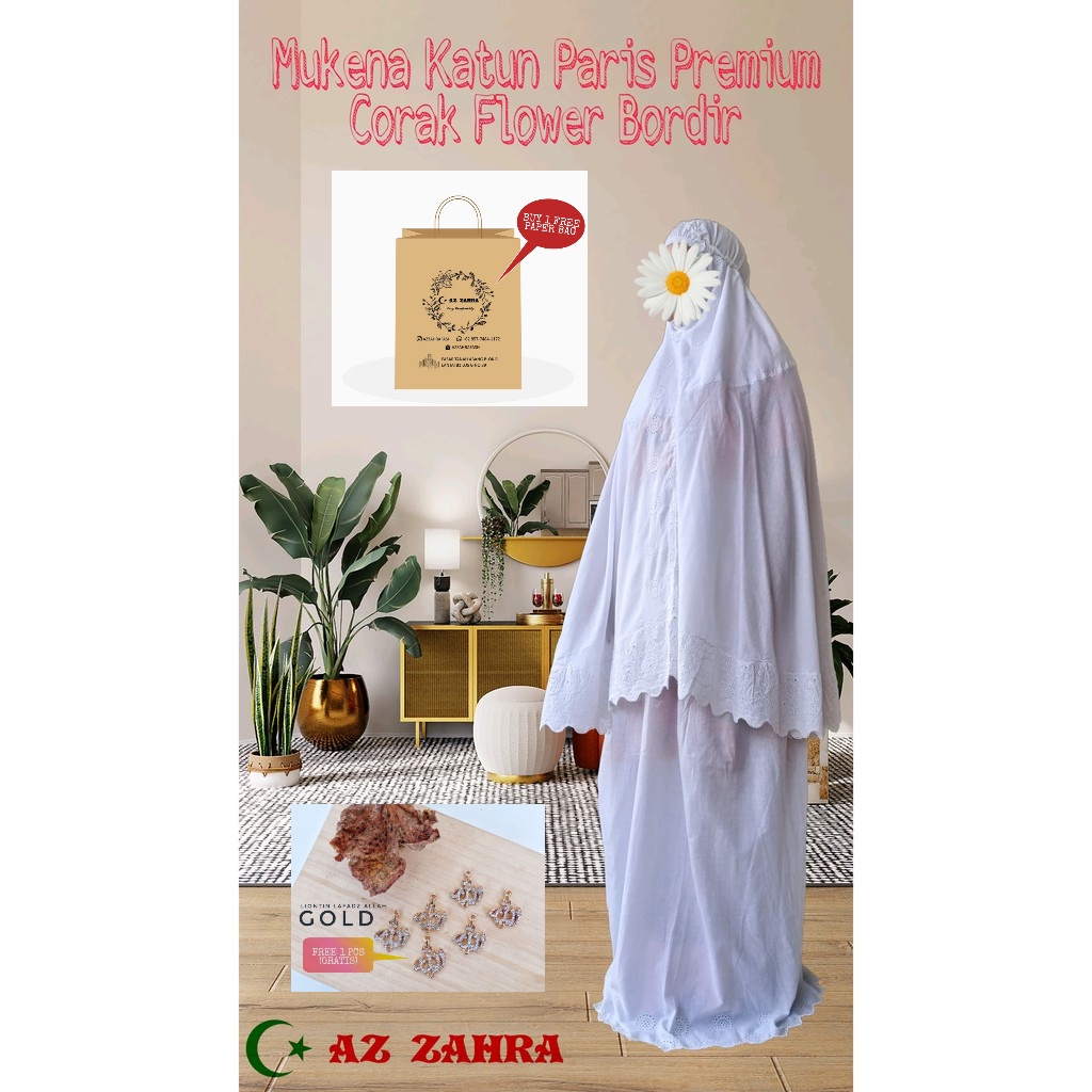 AZZAHRA SERIES MUKENA DEWASA PREMIUM TRAVEL JUMBO KATUN PARIS MOTIF CORAK FLOWER BORDIR