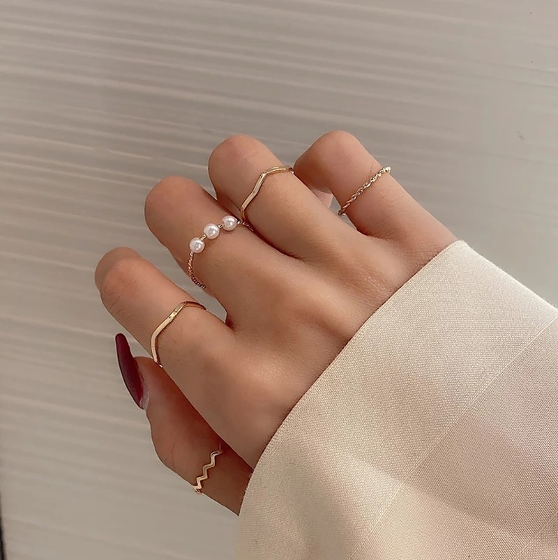 5pcs / Set Cincin Model Terbuka Bahan Metal Alloy Desain Ombak + Mutiara Gaya Trendy / Elegan Untuk Wanita