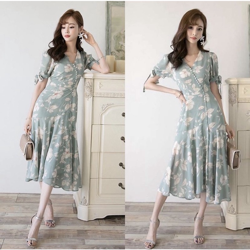 Daisy Dress Floral Korean Summer Beach Sweet Holiday Sexy Slit V Neck Gaun Cantik Manis Bunga Retro 