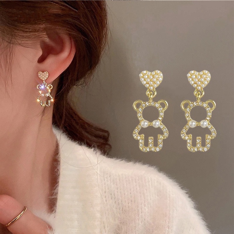 Heart Bear Anting Imitasi Mutiara Zirkon Berlian Imitasi Gadis Manis Minimalis Ear Studs Bridal Wedding Drop Elegan Perhiasan Aksesoris