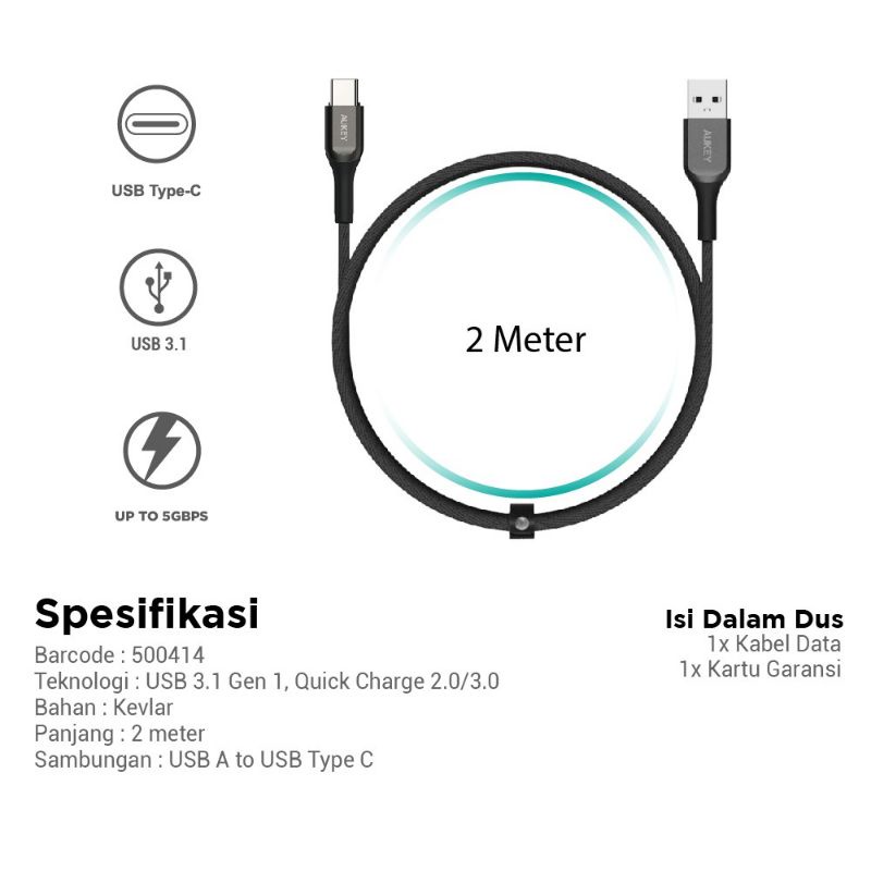 Aukey Cable Data CB-AKC2 USB A To USB C QC 2.0 Kevlar Cable 2M Black