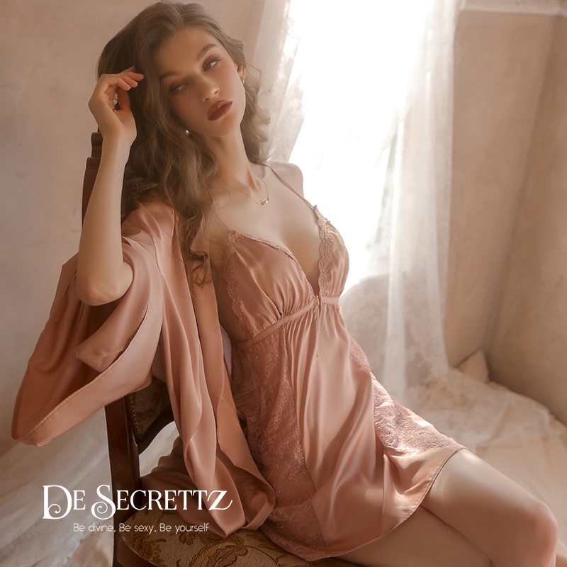 DeSecrettz DENISA Satin Lingerie Dress dengan Opsional Kimono, Muat Untuk Size S - L Baju Tidur Seserahan