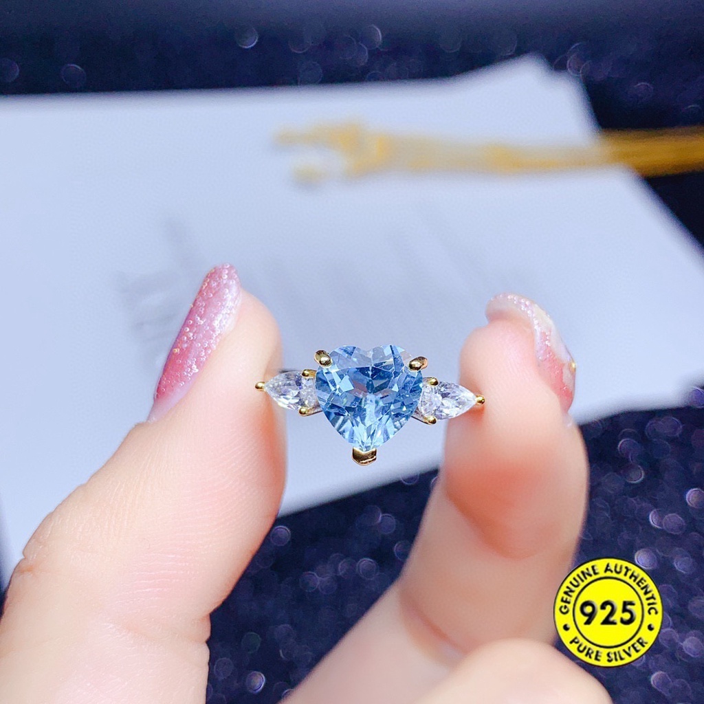 Cincin Batu Permata Topaz Biru Langit Bentuk Hati Model Terbuka