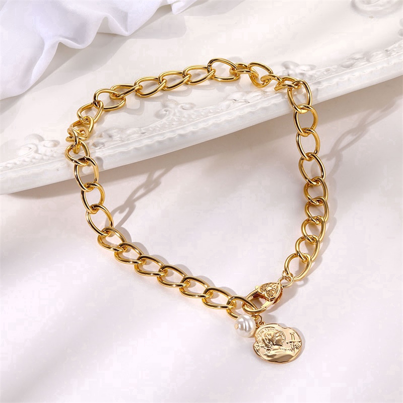 Kalung Rantai Liontin Koin Geometris Klasik Bahan Metal Warna Gold Untuk Wanita